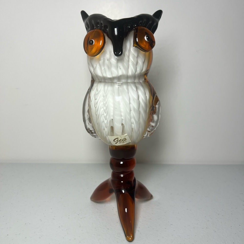 GCA Hand Blown Glass Amber Perched Owl Vintage Heavy MCM